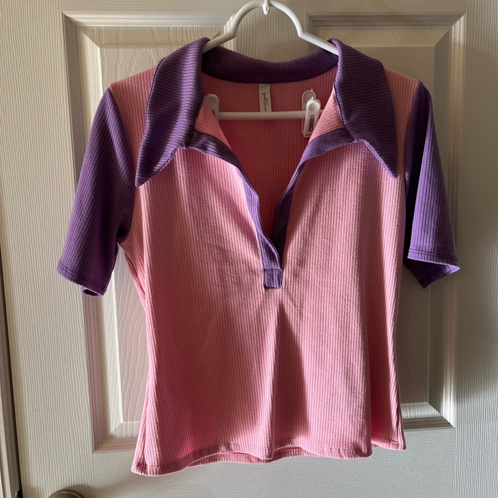 GoodTime USA 2-Piece XL Pink/Lavender Ribbed Collared w/Flared Bottoms Jump Suit